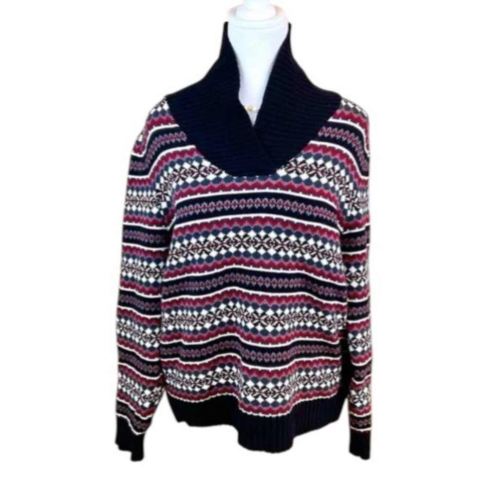 Croft & Barrow Sweater Fair Isle Cotton Ski  Black Red White (XL)